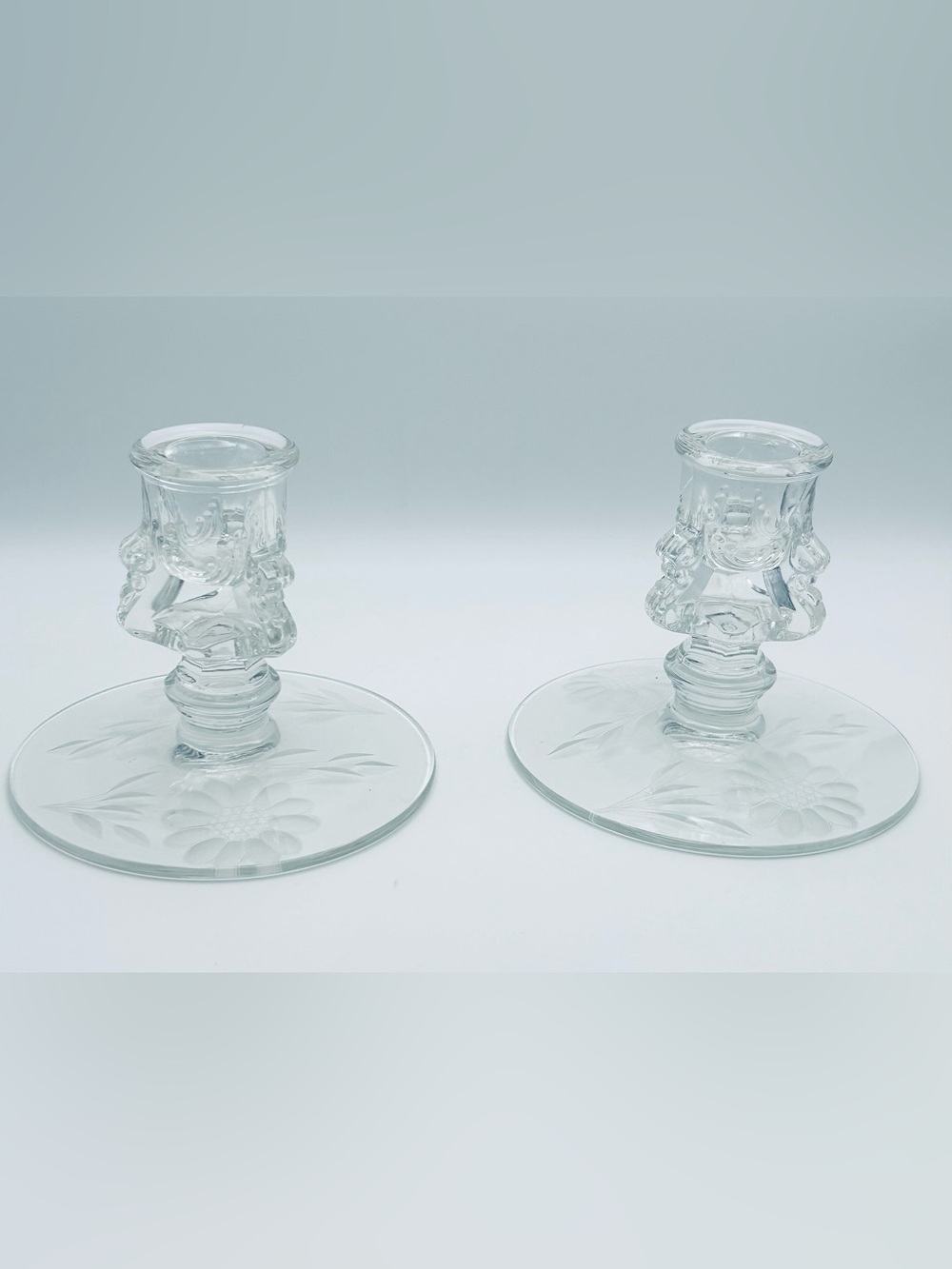 1930s Hughes Cornflower Etched Tiffin Glass Candle Holder Pair – Vintage